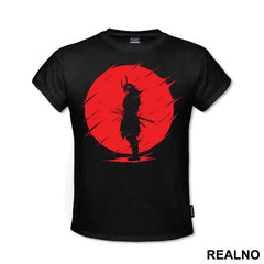 Skull Samurai Standing Infront Of The Red Moon