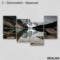 Reka, planine pod snegom i maglom - Slika na platnu - Kanvas