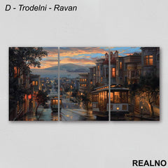 Gradski prevoz, more, planine iznad narandžastih oblaka - Slika na platnu - Kanvas