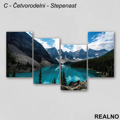 Tirkizna reka, šume, planine pod snegom - Slika na platnu - Kanvas