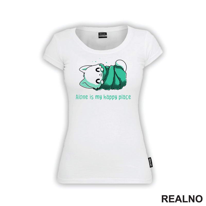 Alone Is My Happy Place - Bela Mačka - Cat - Majica