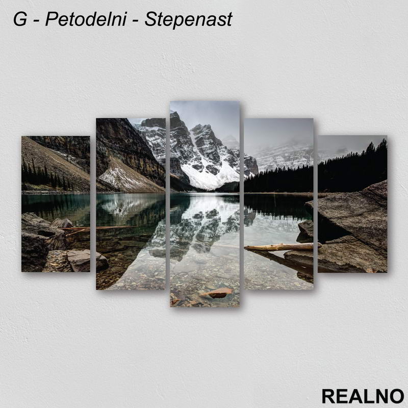 Reka, planine pod snegom i maglom - Slika na platnu - Kanvas