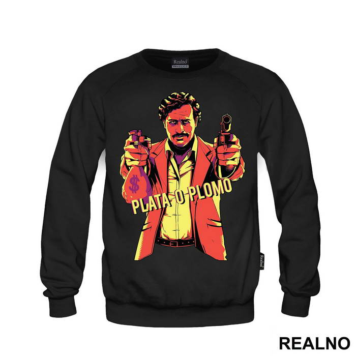 Plata O Plomo Pablo Escobar Holing A Gun And A Bag Of Money - Narcos