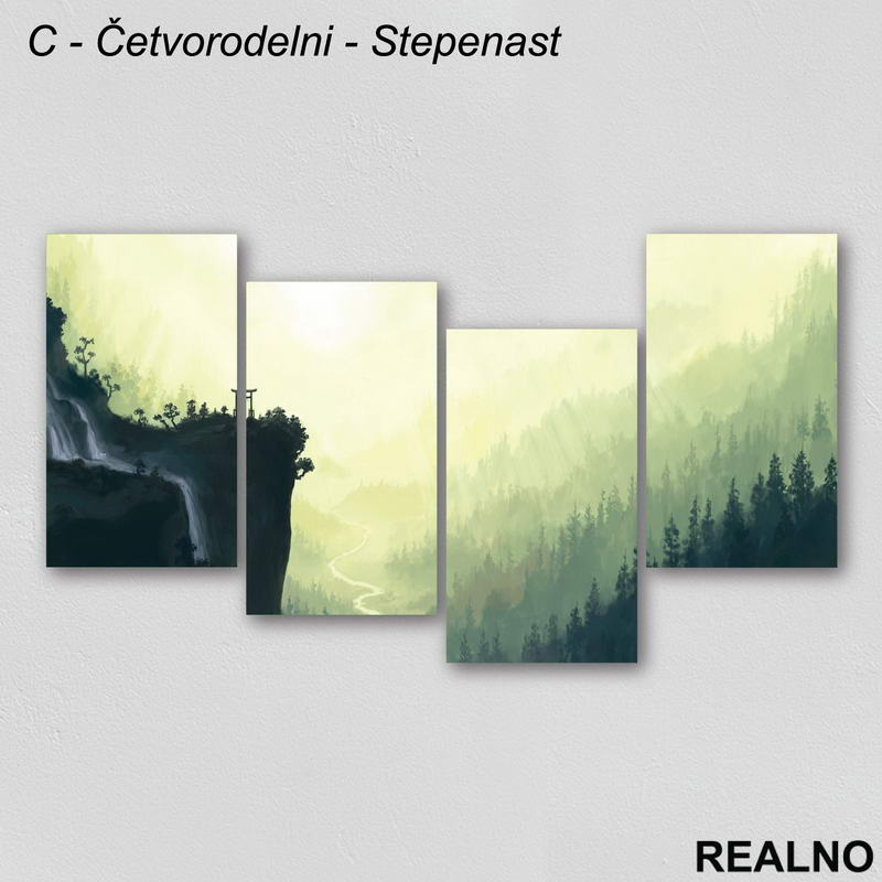 Vodopad i put u tamnoj šumi pod zelenenom maglom - Slika na platnu - Kanvas