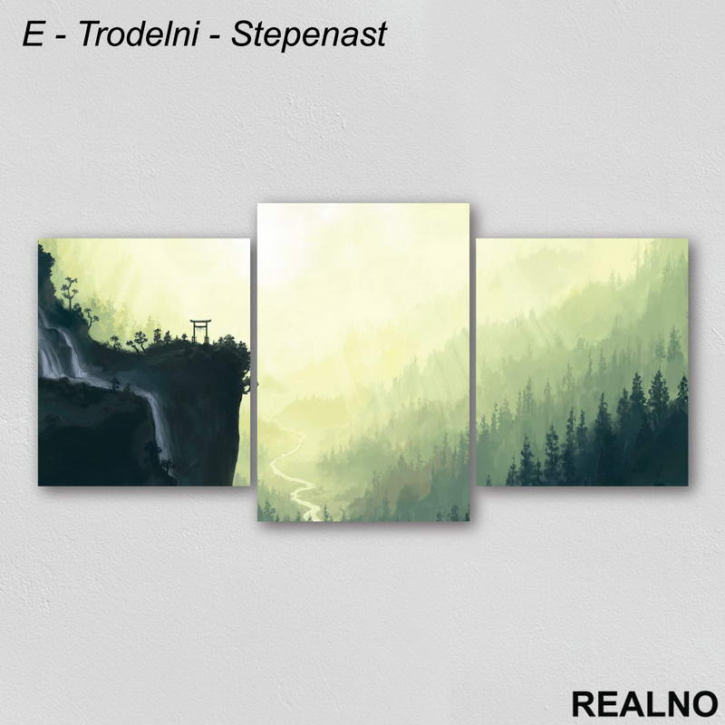 Vodopad i put u tamnoj šumi pod zelenenom maglom - Slika na platnu - Kanvas