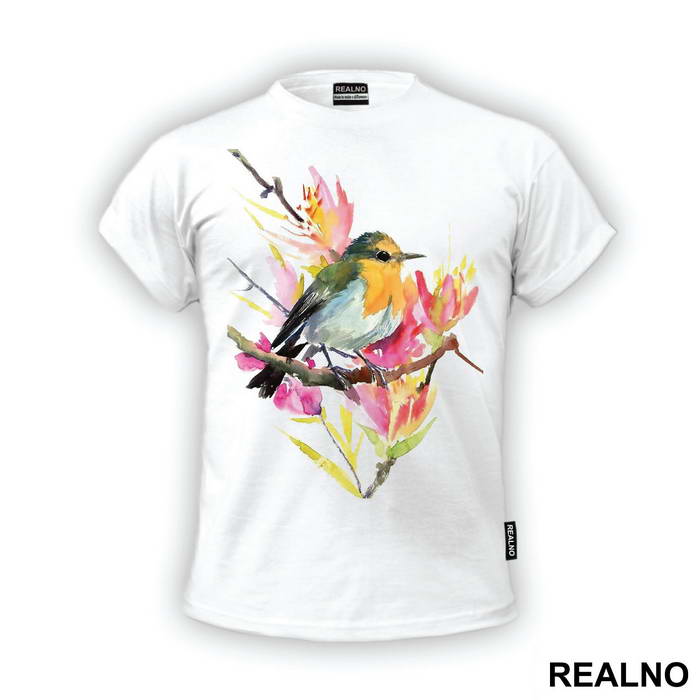 Bird On A Branch With Flowers - Životinje