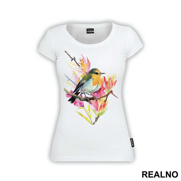 Bird On A Branch With Flowers - Životinje