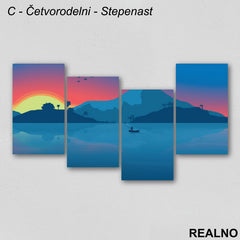 Reka, plave planine, kućica na vrhu, sunce - Slika na platnu - Kanvas