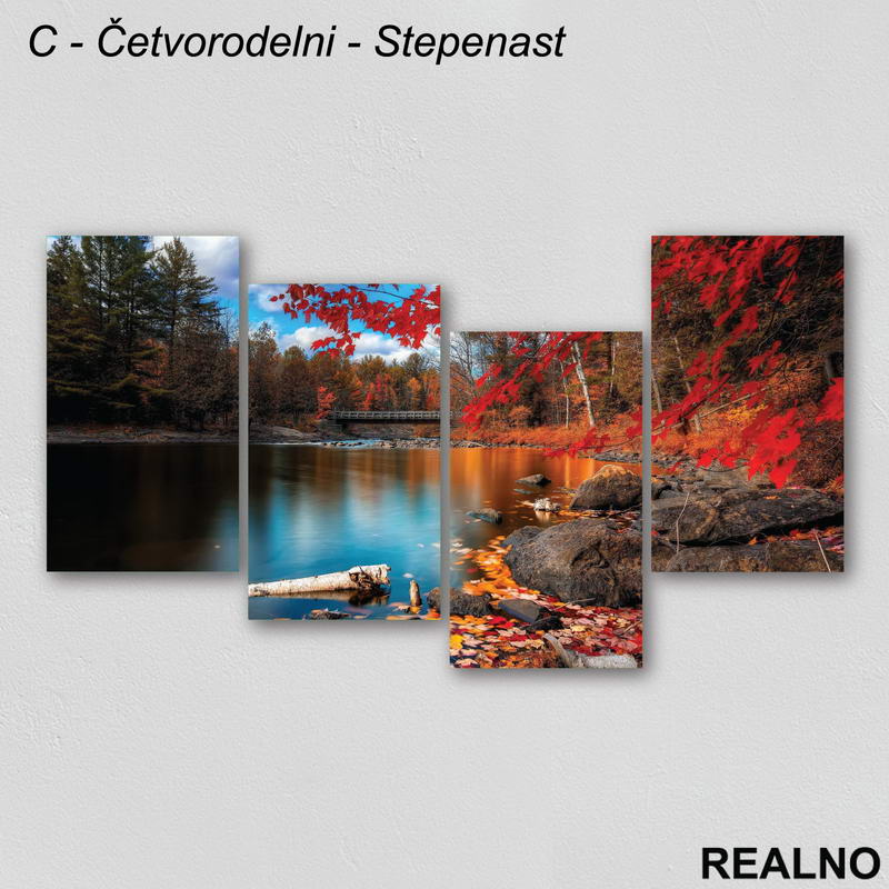 Most, reka, crveno drvo - Jesen - Slika na platnu - Kanvas