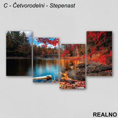 Most, reka, crveno drvo - Jesen - Slika na platnu - Kanvas