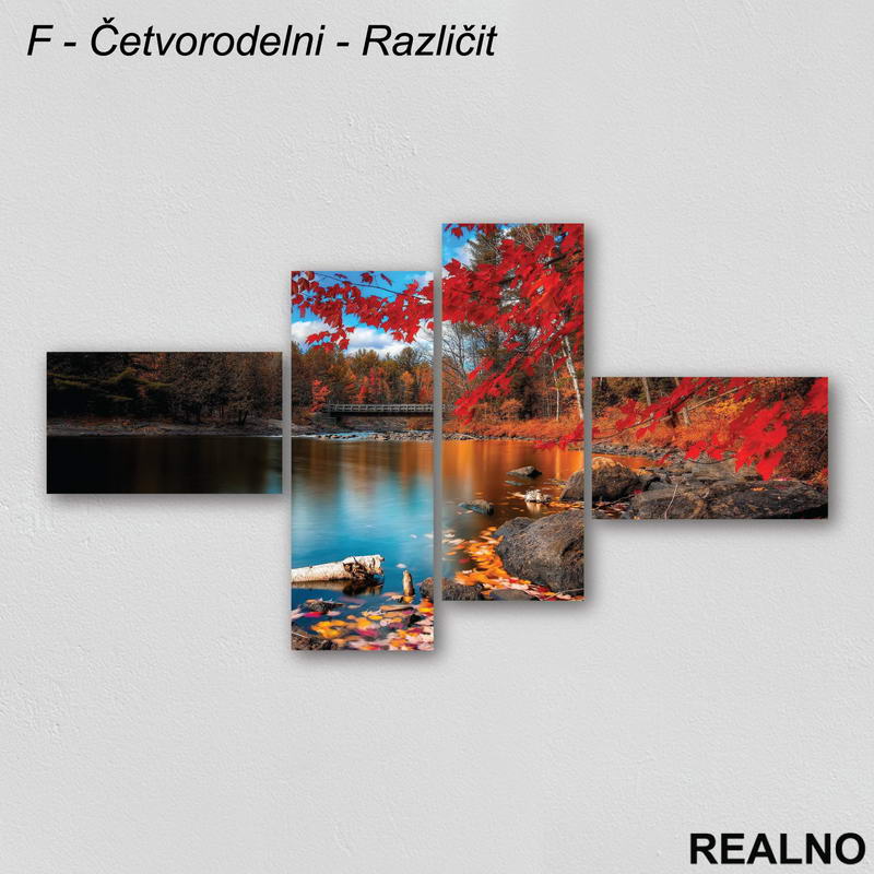 Most, reka, crveno drvo - Jesen - Slika na platnu - Kanvas