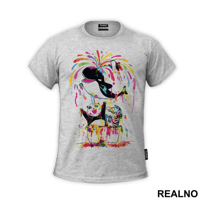 Panda Zebra And Whale Splashing Color All Around - Art - Majica
