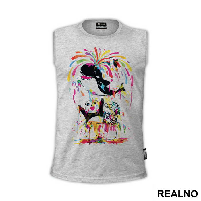 Panda Zebra And Whale Splashing Color All Around - Art - Majica