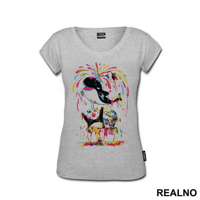 Panda Zebra And Whale Splashing Color All Around - Art - Majica