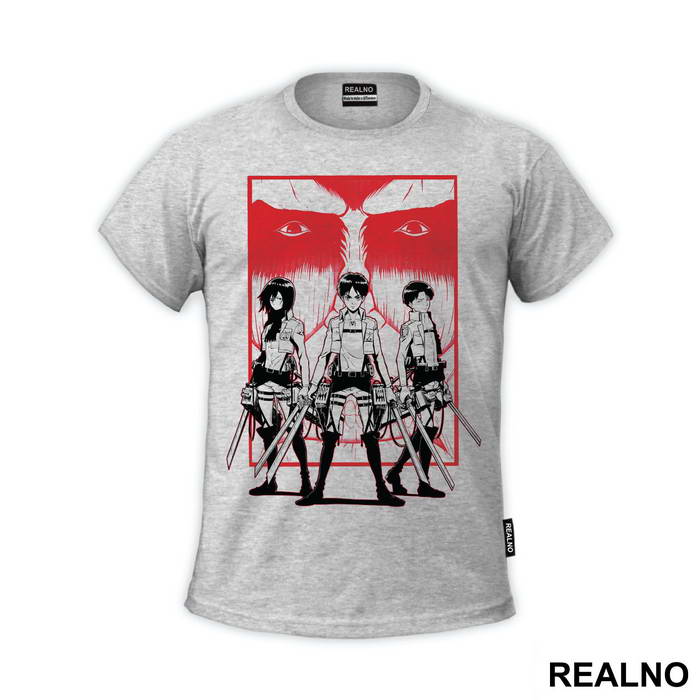 Eren, Levi And Mikasa Standing With Swords - Attack On Titan