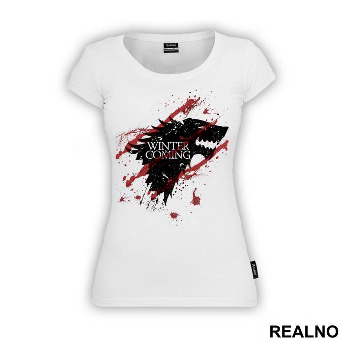 Winter Is Coming - Black Dire Wolf Sigil With Blood Splatter - House Stark - Game Of Thrones - GOT - Majica