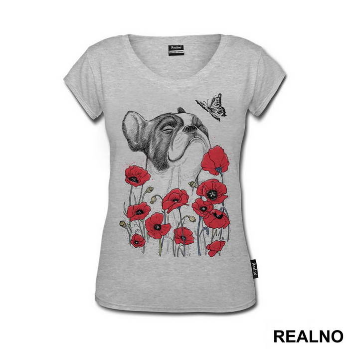 French Bulldog And Red Poppyies - Pas - Dog - Majica