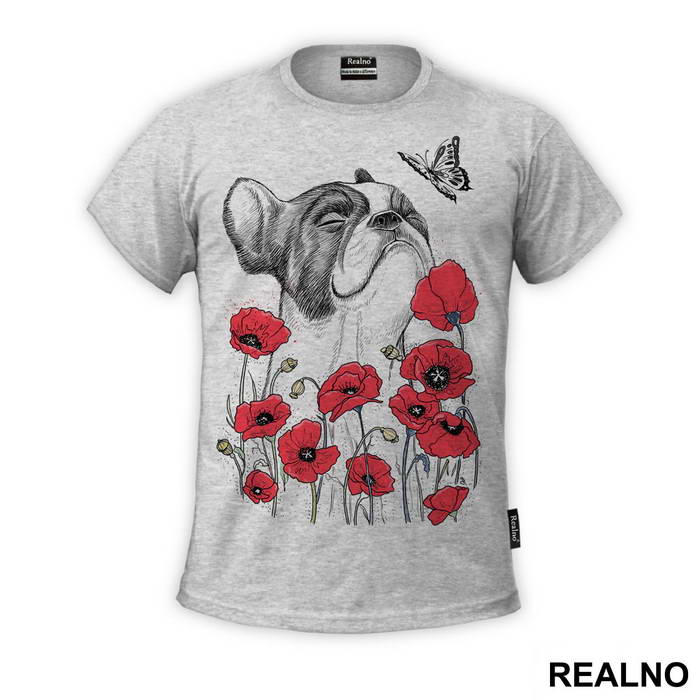 French Bulldog And Red Poppyies - Pas - Dog - Majica