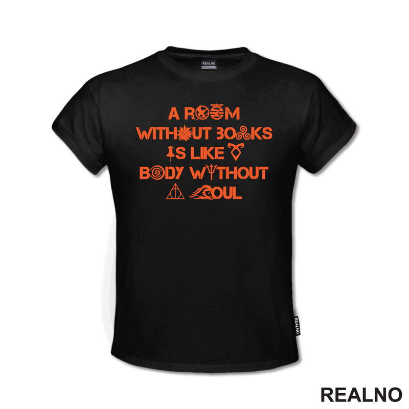 A Room Without Books Is Like Body Without A Soul - Orange - Books - Čitanje - Knjige - Majica