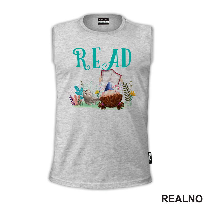 Girl And Cat Reading - Grass And Flowers - Books - Čitanje - Knjige - Majica