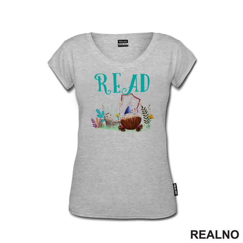 Girl And Cat Reading - Grass And Flowers - Books - Čitanje - Knjige - Majica