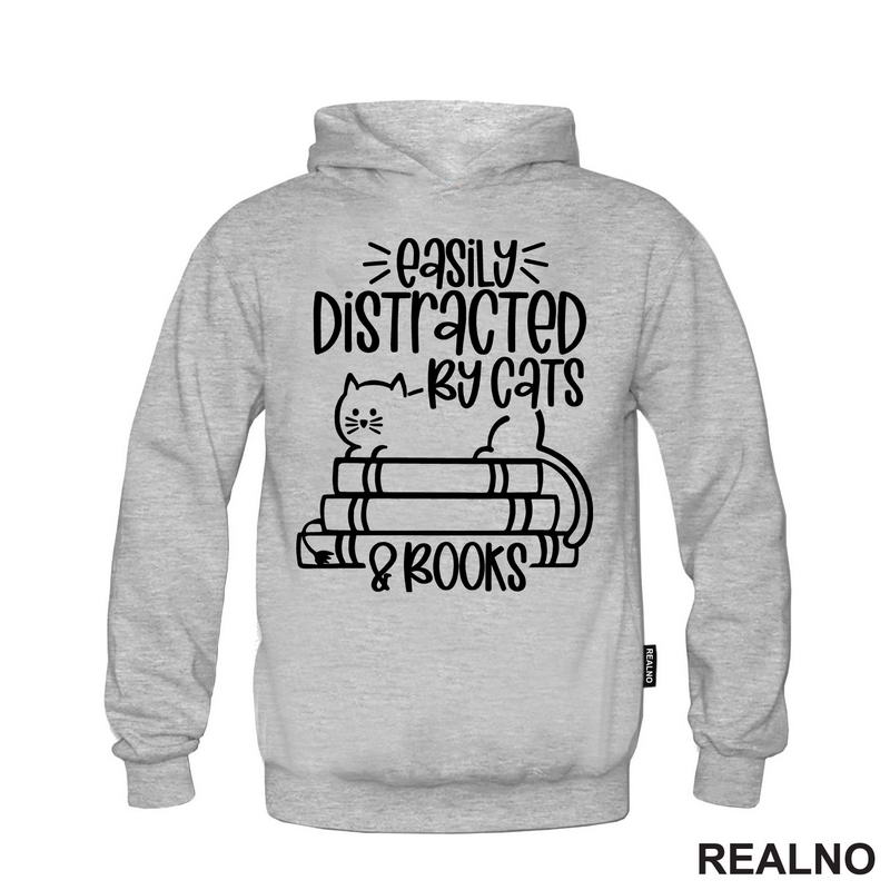 Easily Distracted By Cats & Books - Books - Čitanje - Knjige - Majica