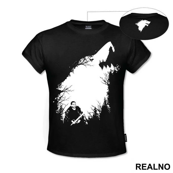 Jon Snow, Forest And Ghost - Shape Of A White Dire Wolf - Game Of Thrones - GOT - Majica