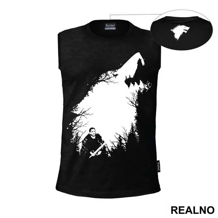 Jon Snow, Forest And Ghost - Shape Of A White Dire Wolf - Game Of Thrones - GOT - Majica