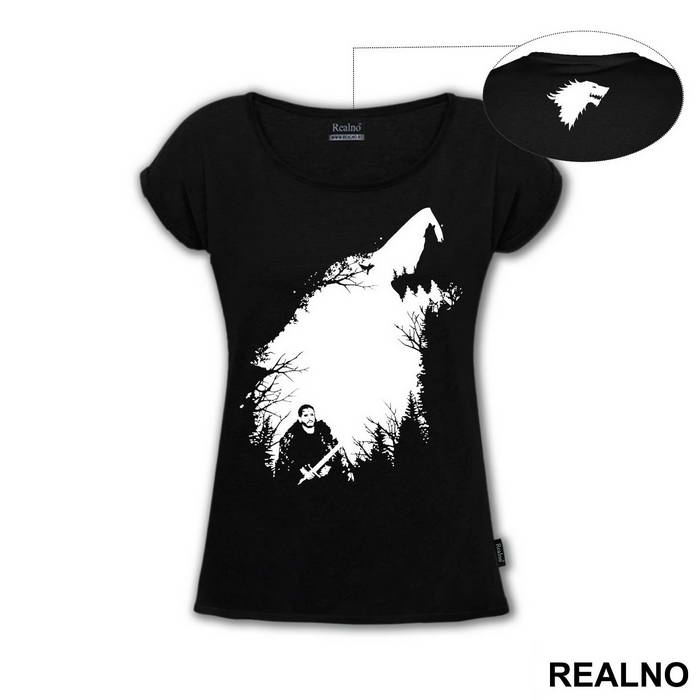 Jon Snow, Forest And Ghost - Shape Of A White Dire Wolf - Game Of Thrones - GOT - Majica
