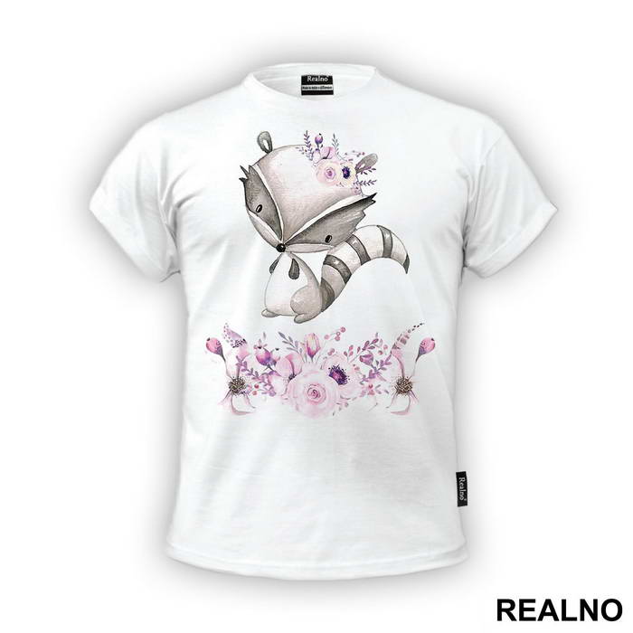 Cute Racoon With Pink Flowers - Art - Majica