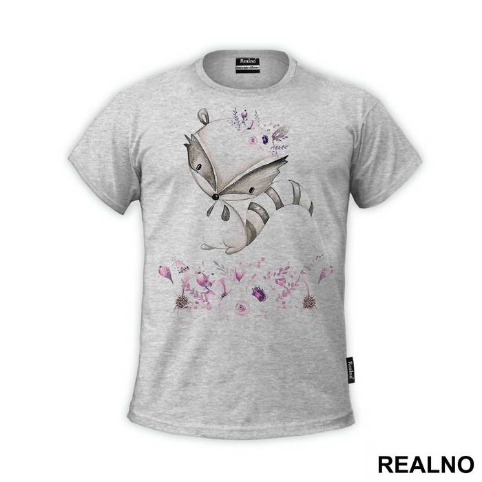 Cute Racoon With Pink Flowers - Art - Majica