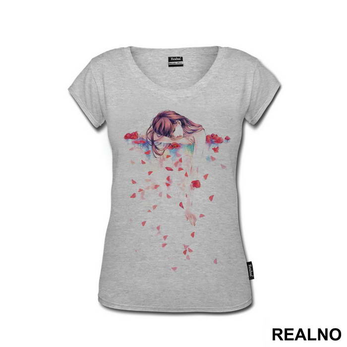 Red Petals And A Girl - Art - Majica
