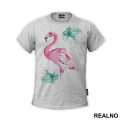 Pink Flamingo And Tropical Leaves- Art - Majica
