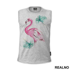 Pink Flamingo And Tropical Leaves- Art - Majica