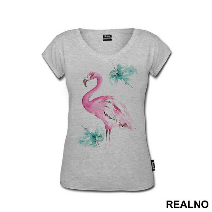 Pink Flamingo And Tropical Leaves- Art - Majica
