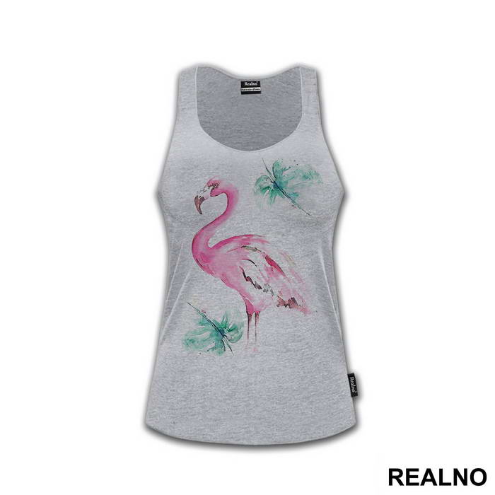 Pink Flamingo And Tropical Leaves- Art - Majica