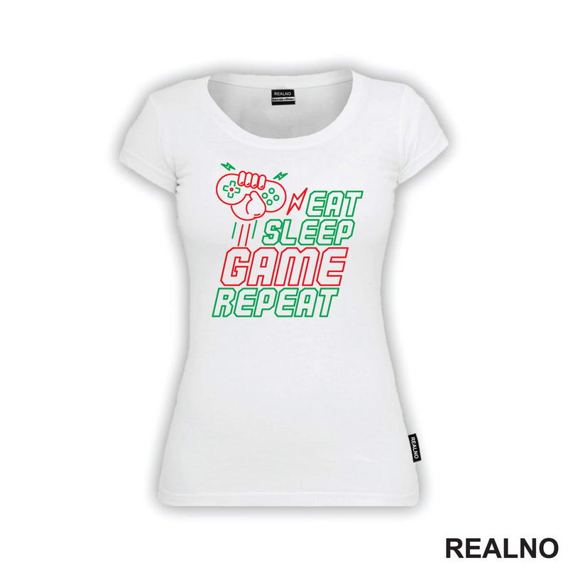 Eat, Sleep, Game, Repeat - Green And Red - Geek - Majica