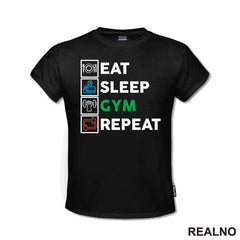 Eat, Sleep, Gym, Repeat - Green, Orange And Blue Symbols - Trening - Majica