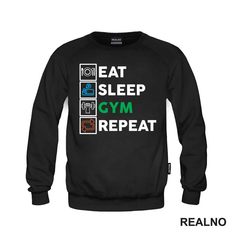 Eat, Sleep, Gym, Repeat - Green, Orange And Blue Symbols - Trening - Majica