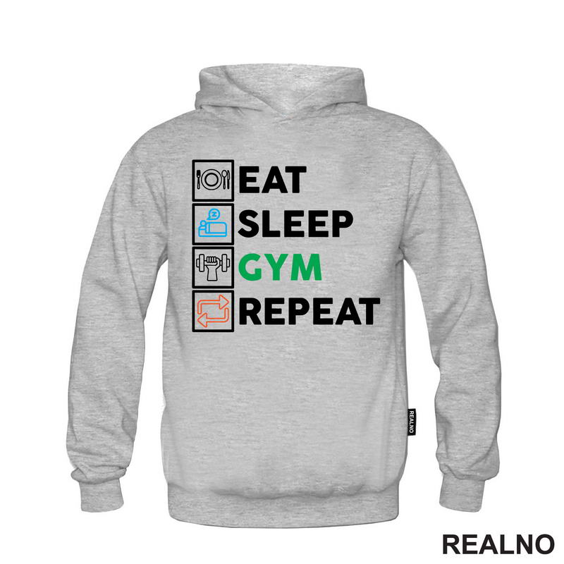 Eat, Sleep, Gym, Repeat - Green, Orange And Blue Symbols - Trening - Majica