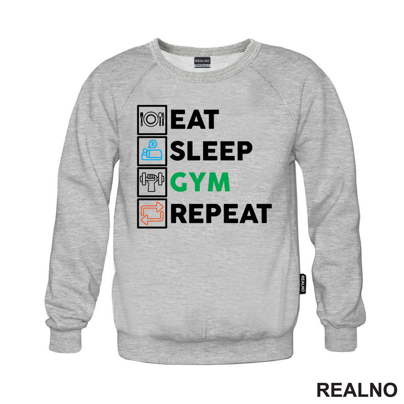 Eat, Sleep, Gym, Repeat - Green, Orange And Blue Symbols - Trening - Majica
