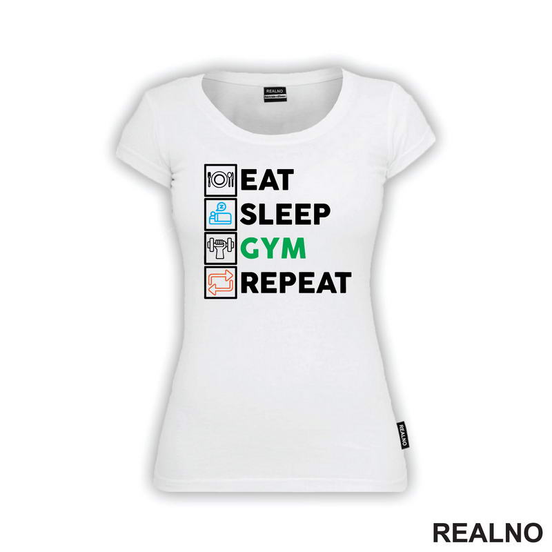 Eat, Sleep, Gym, Repeat - Green, Orange And Blue Symbols - Trening - Majica