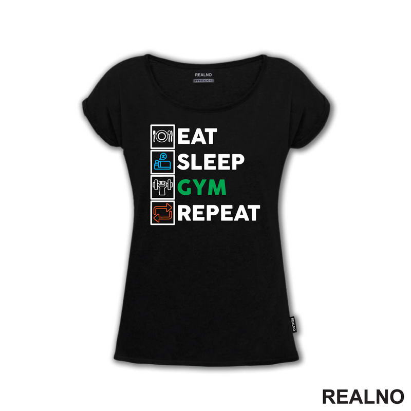 Eat, Sleep, Gym, Repeat - Green, Orange And Blue Symbols - Trening - Majica