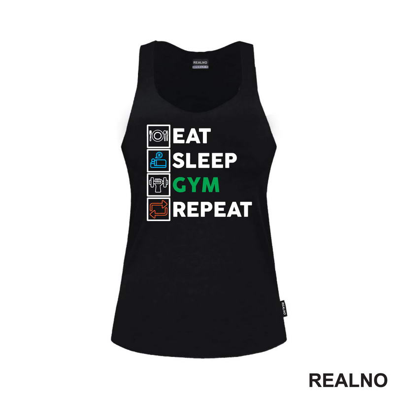 Eat, Sleep, Gym, Repeat - Green, Orange And Blue Symbols - Trening - Majica