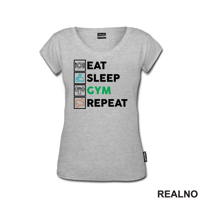 Eat, Sleep, Gym, Repeat - Green, Orange And Blue Symbols - Trening - Majica