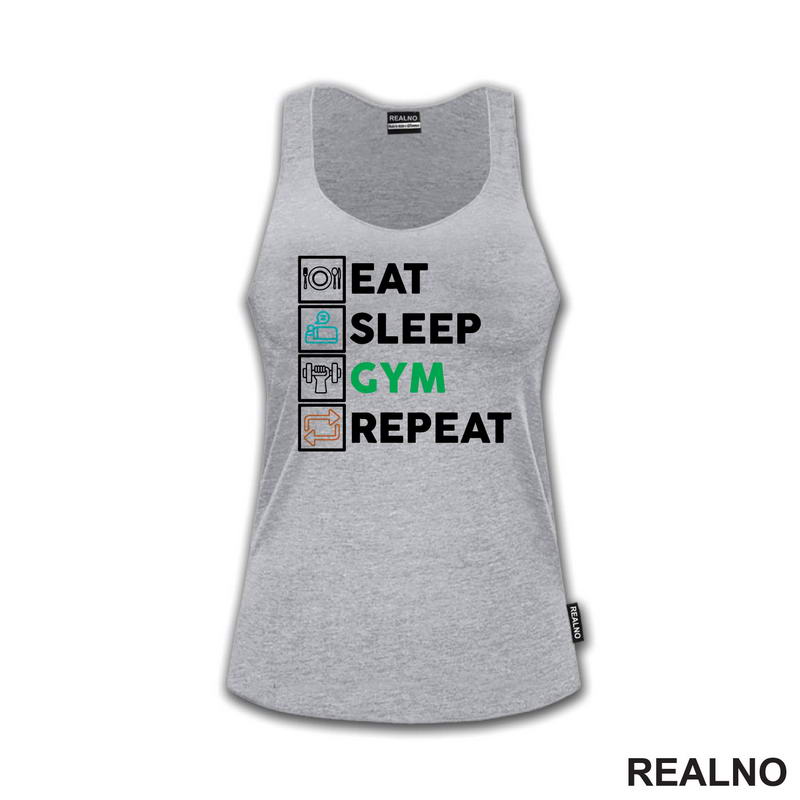 Eat, Sleep, Gym, Repeat - Green, Orange And Blue Symbols - Trening - Majica