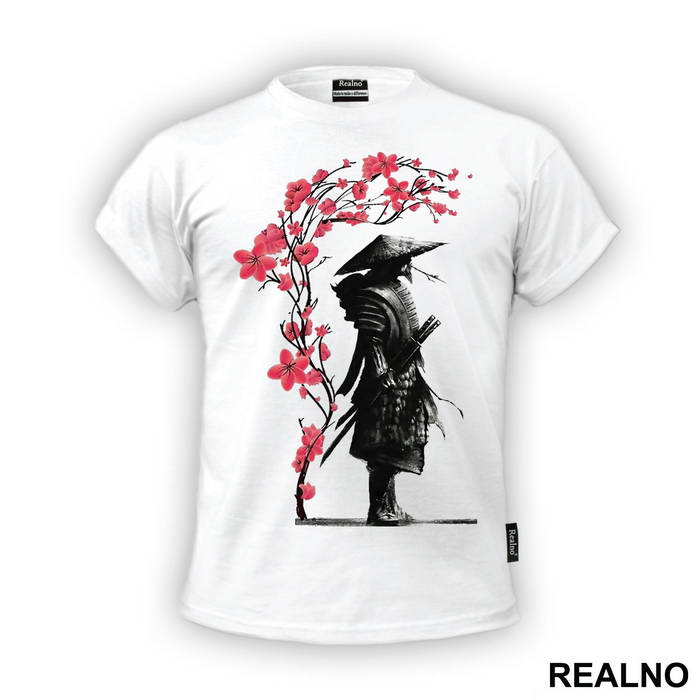 Standing Samurai And Pink Flowers - Majica