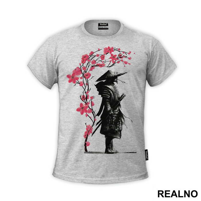 Standing Samurai And Pink Flowers - Majica