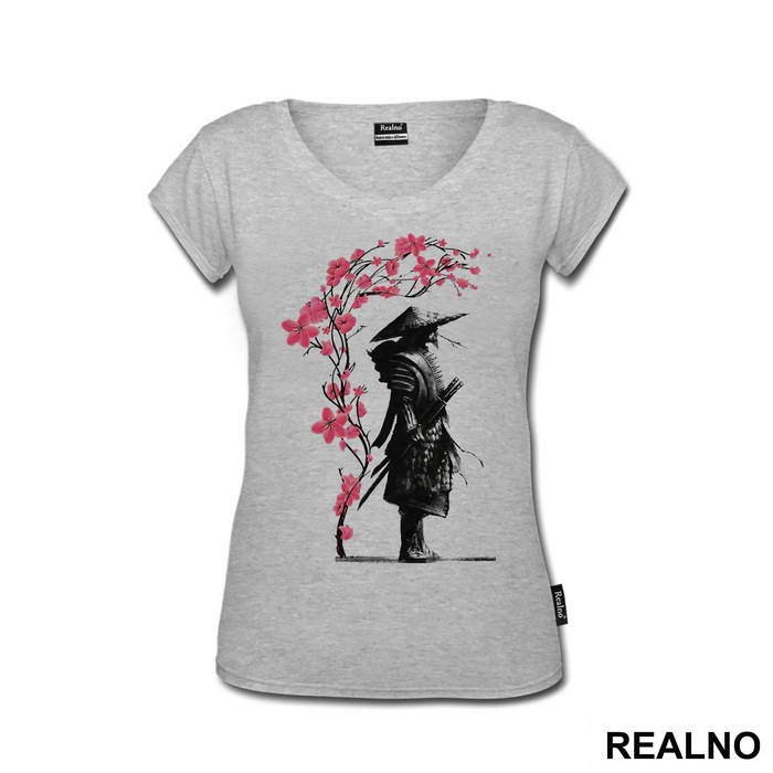 Standing Samurai And Pink Flowers - Majica