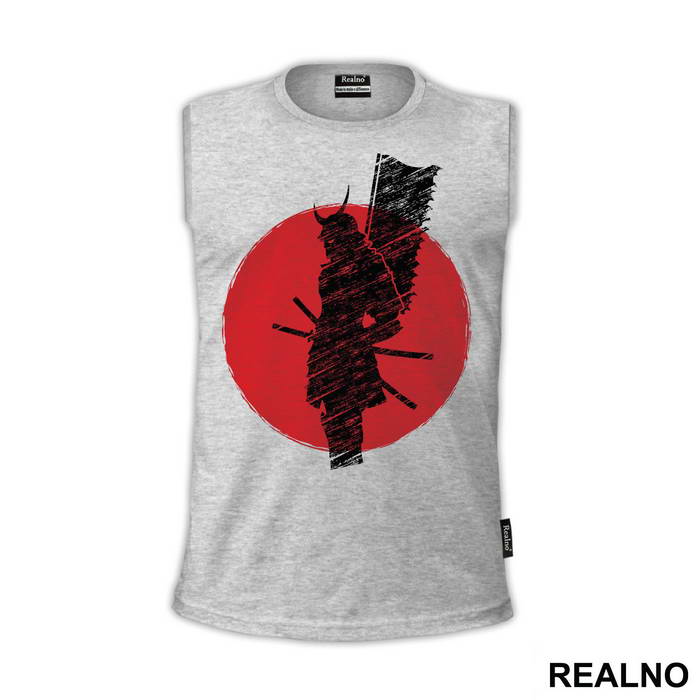 Red Moon Samurai Silhouette With Flag - Majica
